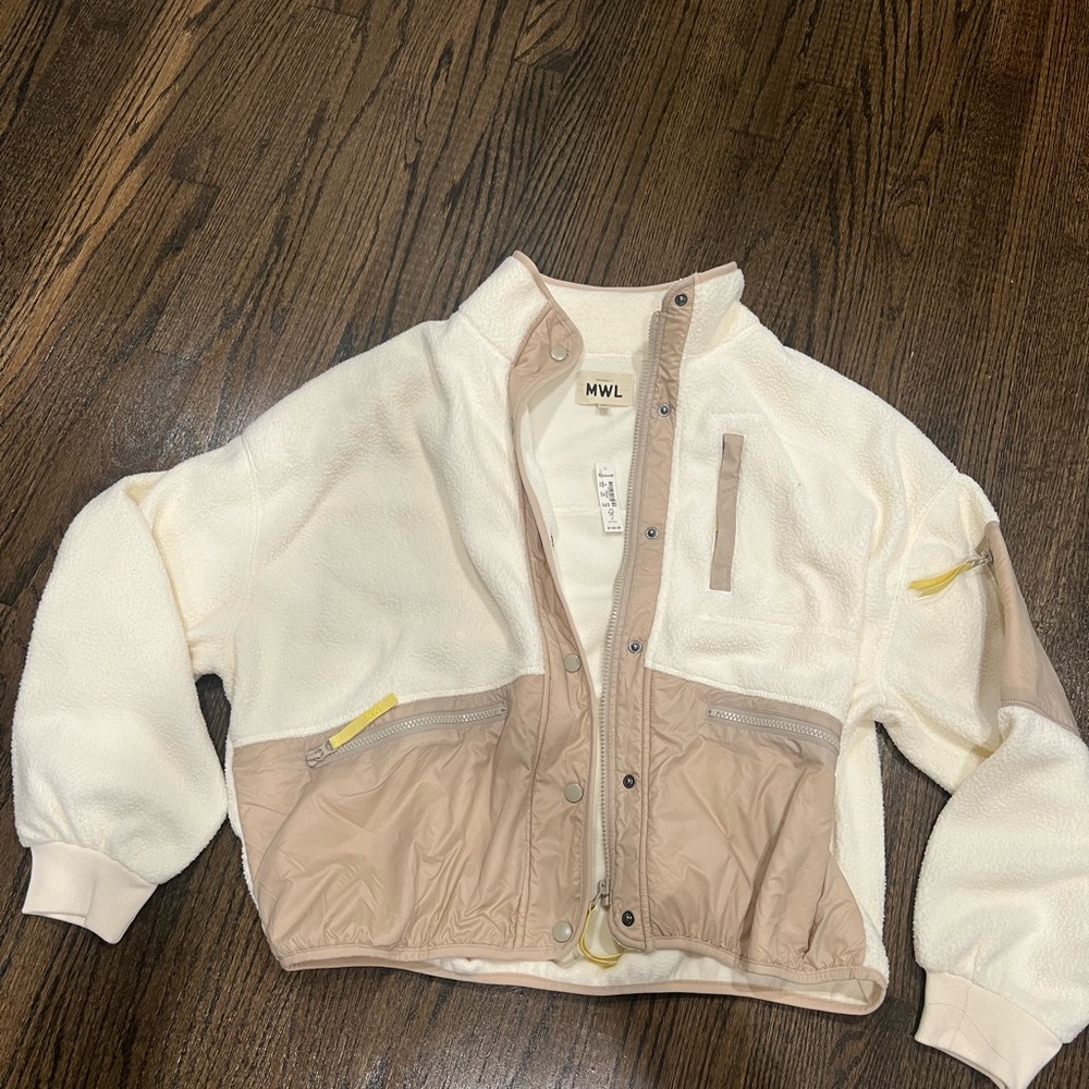 Madewell Cream and Tan Fleece Jacket with Yellow Accents size Medium